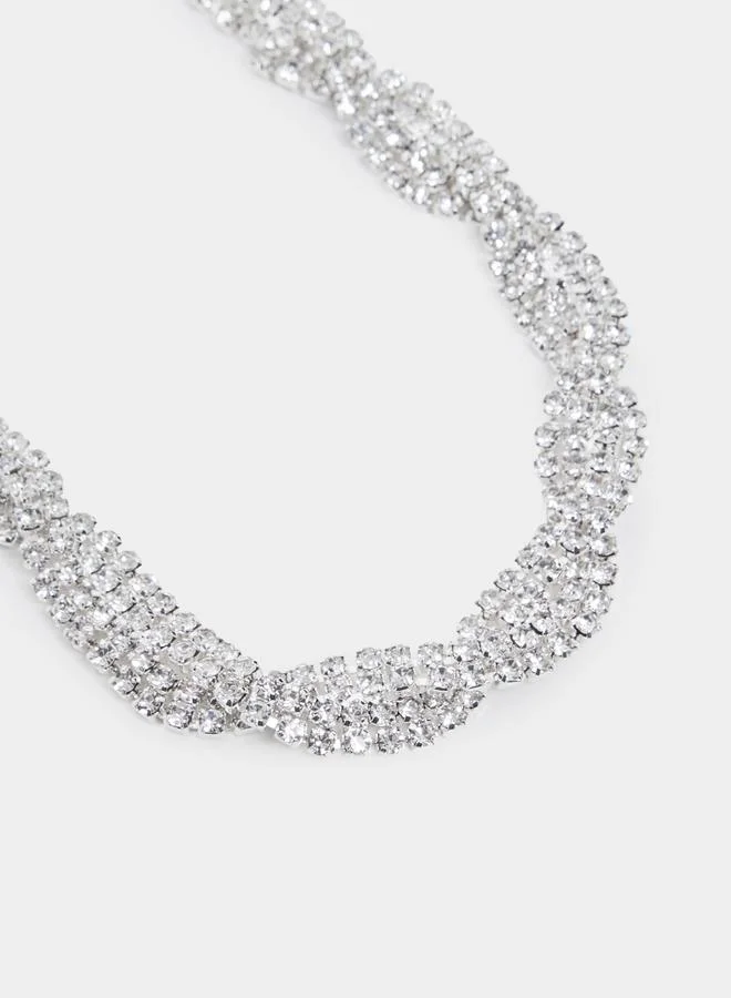 Styli Silver Diamante Necklace And Bracelet With Earrings